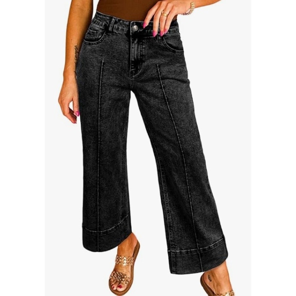 Astylish Wide Leg Jeans Womens 10 Black High Waisted Seam Front Cropped Denim - Picture 5 of 6